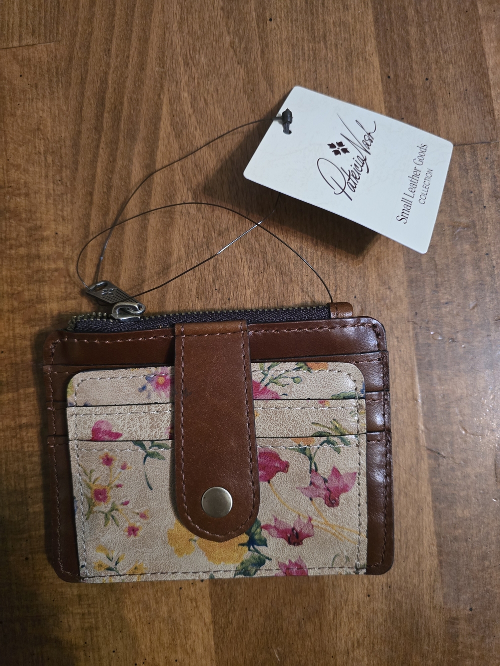 Patricia Nash Brown Leather Floral Card Holder with Cream Floral Panels